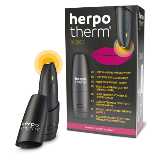 Ein schwarzes Herpotherm Neo-Gerät steht neben seiner Produktverpackung.